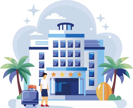 A man is standing in front of a hotel with luggage vector