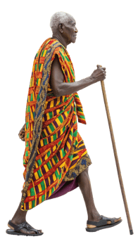 Elderly man in traditional attire with cane on transparent background png