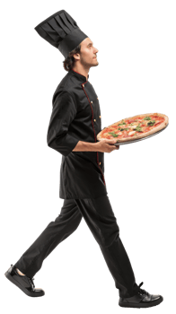Chef walks with fresh pizza in kitchen on transparent background png