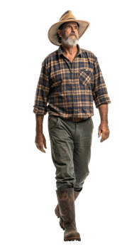 Rural farmer walking confidently in work attire on transparent background png