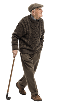 Elderly man walking with cane in a cozy sweater on transparent background png