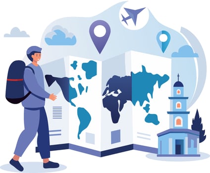Travel map and map of the world with a person walking on it vector