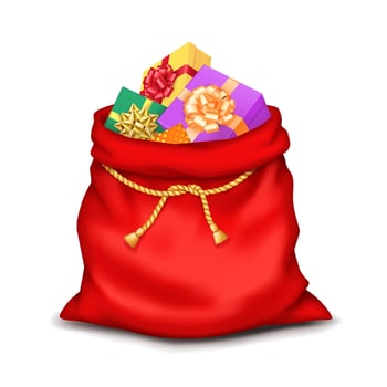Santa sack overflowed with wrapped gifts tied with ropes realistic illustration. Christmas bag and holiday spirit 3d object on white vector