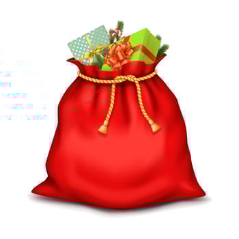 Santa Claus red bag loaded with Christmas gifts realistic illustration. Holiday sack with presents 3d object on white background vector