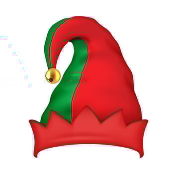 Vibrant Christmas elf hat with golden bell realistic illustration. Festive party costume on holiday season 3d object on white background vector