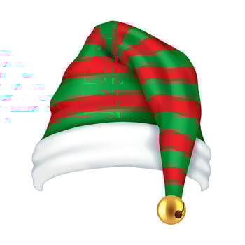 Red and green striped Christmas elf hat realistic illustration. Festive atmosphere of holiday season 3d object on white background vector