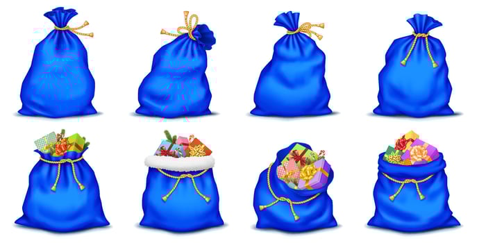 Blue Santa Claus bags with golden ropes and presents realistic color icons set. Christmas gifts in sacks 3d objects bundle on white background vector