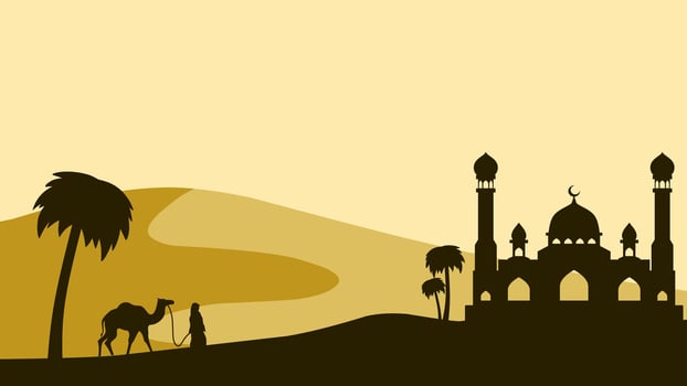Landscape illustration of mosque silhouette and muslim traveler with camel vector