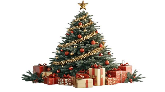 stunning Christmas tree with lush green branches, adorned with golden garlands, red ornaments, and topped with star, surrounded by beautifully wrapped gifts png