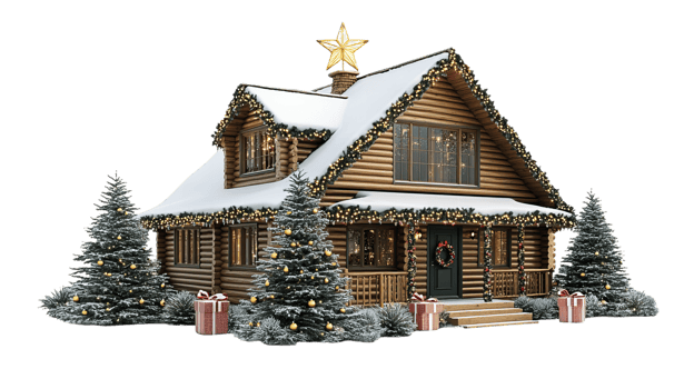 charming wooden cabin adorned with festive decorations, surrounded by snow covered trees and gifts, creating cozy holiday atmosphere png