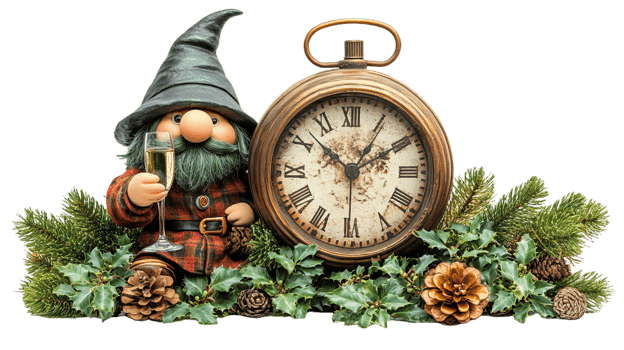 cheerful gnome in red plaid robe holds glass beside antique clock, surrounded by pinecones and greenery, creating festive atmosphere png