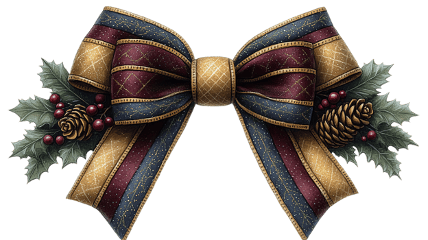 decorative bow with rich colors and pinecones, perfect for festive occasions. This watercolor clipart features intricate details and classic design, ideal for holiday decorations png