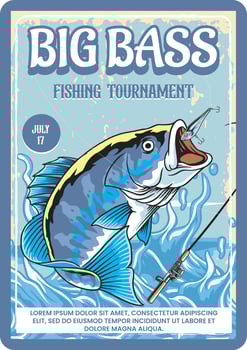 Fishing Colorful Cartoon poster with Big Bass Tuna Fish Fishing Bait Jump Out From Water Splash Illustration vector