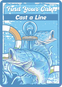 Fishing Colorful Cartoon poster with Big Bass Tuna Fish Illustration in Blue Ocean Color Background vector