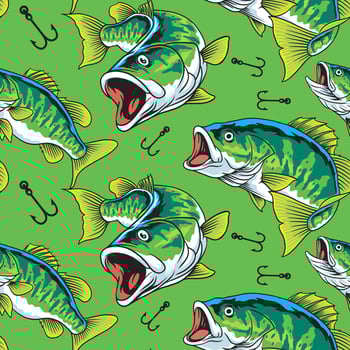 large mouth green color bass tuna fish and bait cartoon seamless pattern illustration design vector
