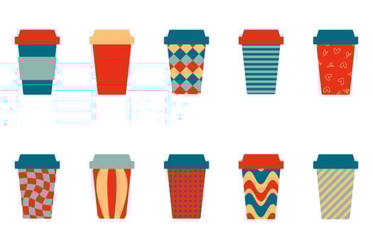 Geometric paper, plastic takeaway cup clipart collection. Hand drawn mug set. Simple flat illustration isolated on white background. vector