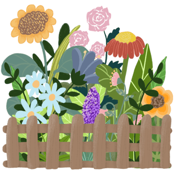 A colorful garden filled with various flowers, such as sunflowers, roses, and daisies, is enclosed by a wooden fence. png