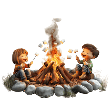 Group of Kids Roasting Marshmallows by a Bonfire in the Forest png