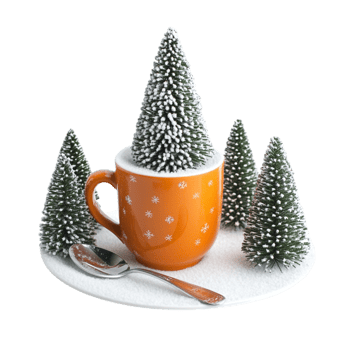 A small Christmas tree an orange cup, and a white saucer png