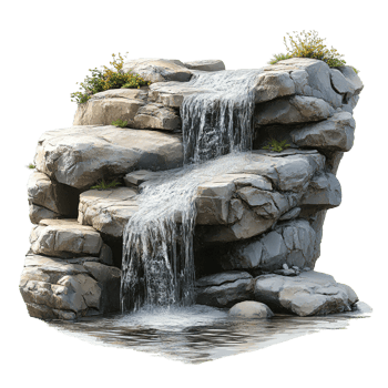 Aesthetic Garden Waterfall with Layered Rocks and Flowing Water png