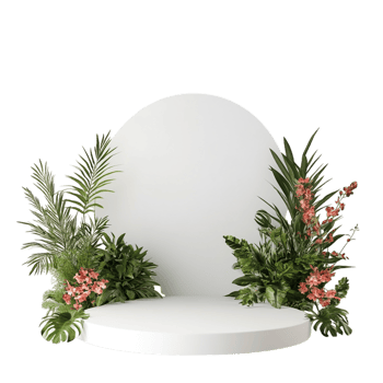 A white round stage with plants and flowers png