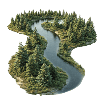 Scenic River Pathway in a Dense Forest with Evergreen Foliage png