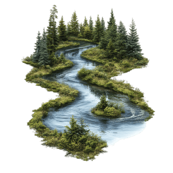 Peaceful River Flowing Through a Lush Evergreen Forest on Transparent Background png