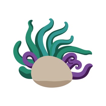 Sea Anemone Flat Illustration, Simple Stylized Design, Flowing Tentacles, Vibrant Green-Purple, Minimalist Look, Clean Lines, White Background vector