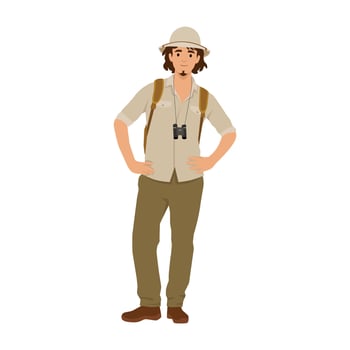 Happy man in cork hat, animal hunter. vector