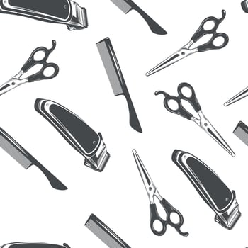 Seamless pattern and set of hairdressing tools on a white background. vector