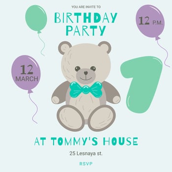 Invitation childrens birthday party with cute bear boy with bow and number. Celebration First birthday. Greeting card template for children. illustration. vector