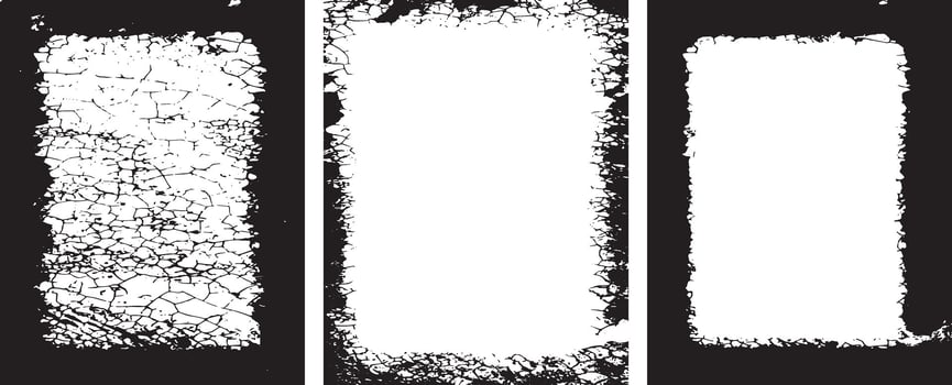 Dynamic Collection of Edgy Grunge Frame Designs, Featuring Three Rectangular Frames with Intricate, Symmetrical Black Patterns and Abstract, Splattered Borders for Artistic and Unique Visual Displays vector