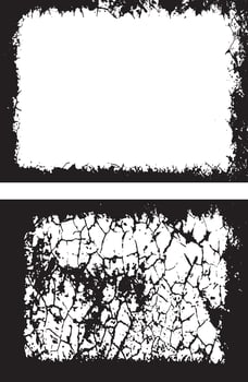 Black And White Dynamic Collection of Grunge Frame Designs, Featuring Two Rectangular Frames with Rough, Distressed Borders and Cracked, Fragmented White Centers for Artistic and Edgy Visual Displays vector