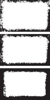 Edgy and Distressed Grunge Frame Collection, Featuring Three Rectangular Frames with Rough, Splattered Borders and White Centers for Artistic and Dynamic Visual Displays vector