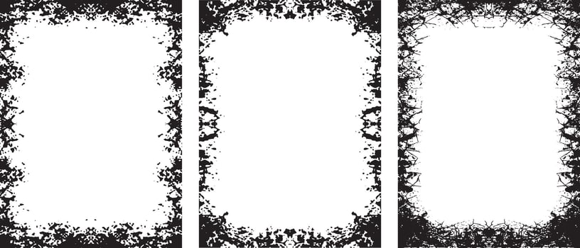 three black and white frames with floral designs, Three Collection of Edgy Grunge Frame Designs, Featuring Three Rectangular Frames with Intricate, Symmetrical Black Patterns and Abstract, vector