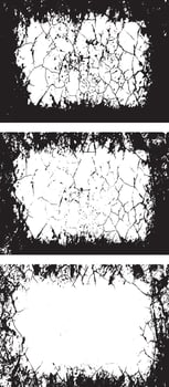 three black and white grunge frames with cracks, Three Collection of Edgy Grunge Frame Designs, Featuring Three Rectangular Frames with Intricate, Symmetrical Black Patterns and Abstract, vector