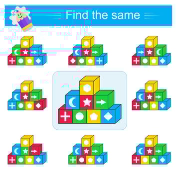 Puzzle game. Fun educational material for kids. Need to find same group of cubes. vector
