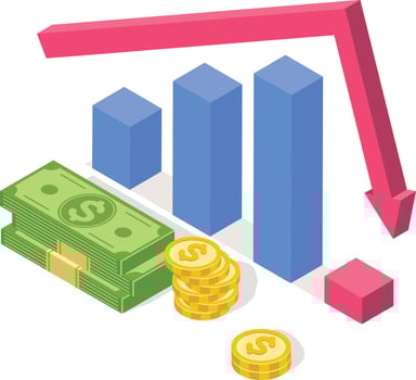 Isometric bar graph with decreasing trend shows negative financial results with dollar bills and coins, representing economic downturn and financial crisis vector
