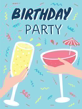 Two hands holding champagne and cocktail glasses, celebrating a birthday party with colorful confetti and festive decorations on a vibrant blue background vector