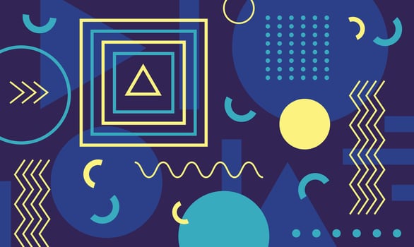 Vibrant geometric shapes and lines create a dynamic and modern abstract composition, ideal for backgrounds, posters, or digital designs with a retro 80s or 90s aesthetic vector