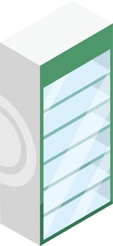 Empty glass display fridge with green frame and shelves, suitable for commercial use, presented in isometric view, perfect for showcasing products in retail settings vector