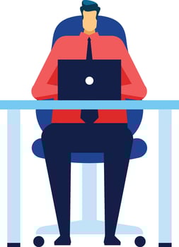 Office worker sitting at a desk, focused on working with a laptop, dressed in a red shirt and blue tie, depicted in a modern flat design illustration vector