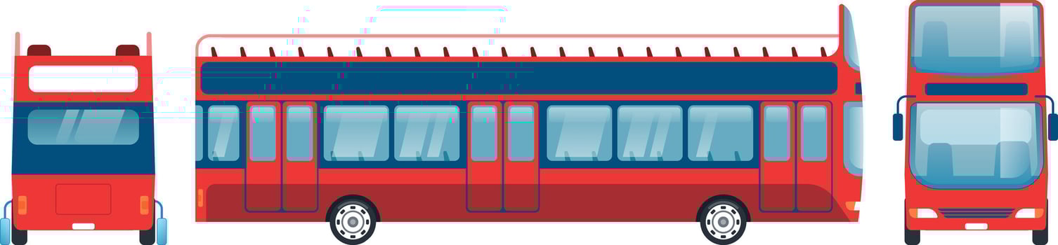 Red double decker bus isolated on a white background, displaying front, back, and side views, ideal for projects related to transportation, travel, and urban exploration vector