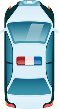 Top view illustration of a police car with flashing lights, showcasing its aerodynamic design and emergency signaling system against a clean white backdrop vector