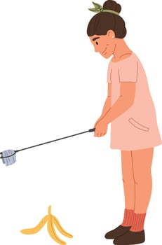 Woman uses a reaching tool to pick up a discarded banana peel, demonstrating responsible waste disposal and promoting environmental cleanliness vector