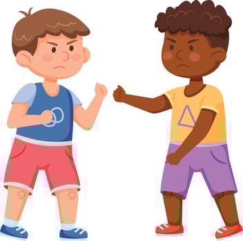 Two angry boys are fighting, quarreling and arguing, showing fists to each other, childish conflict and aggression, bad behavior, kids rivalry and misunderstanding, problem in communication vector
