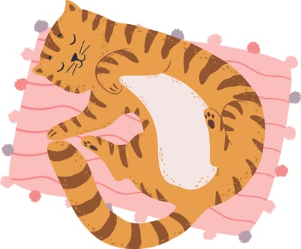 Cute ginger tabby cat sleeping peacefully on a pink cushion, enjoying a relaxing nap, curled up and cozy, creating a heartwarming scene of feline contentment vector