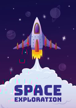 Cartoon spaceship is launching from earth to explore and colonize new planets in deep space, with smoke plume and stars visible in the background vector
