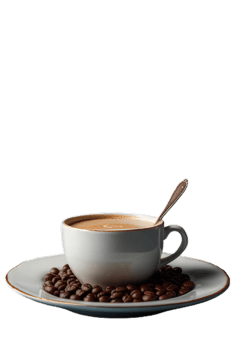 Elegant coffee cup served with an ornate spoon and surrounded by coffee beans, creates a refined presentation, perfect for coffee connoisseurs png