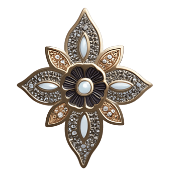 Gold and black flower brooch with a white stone png